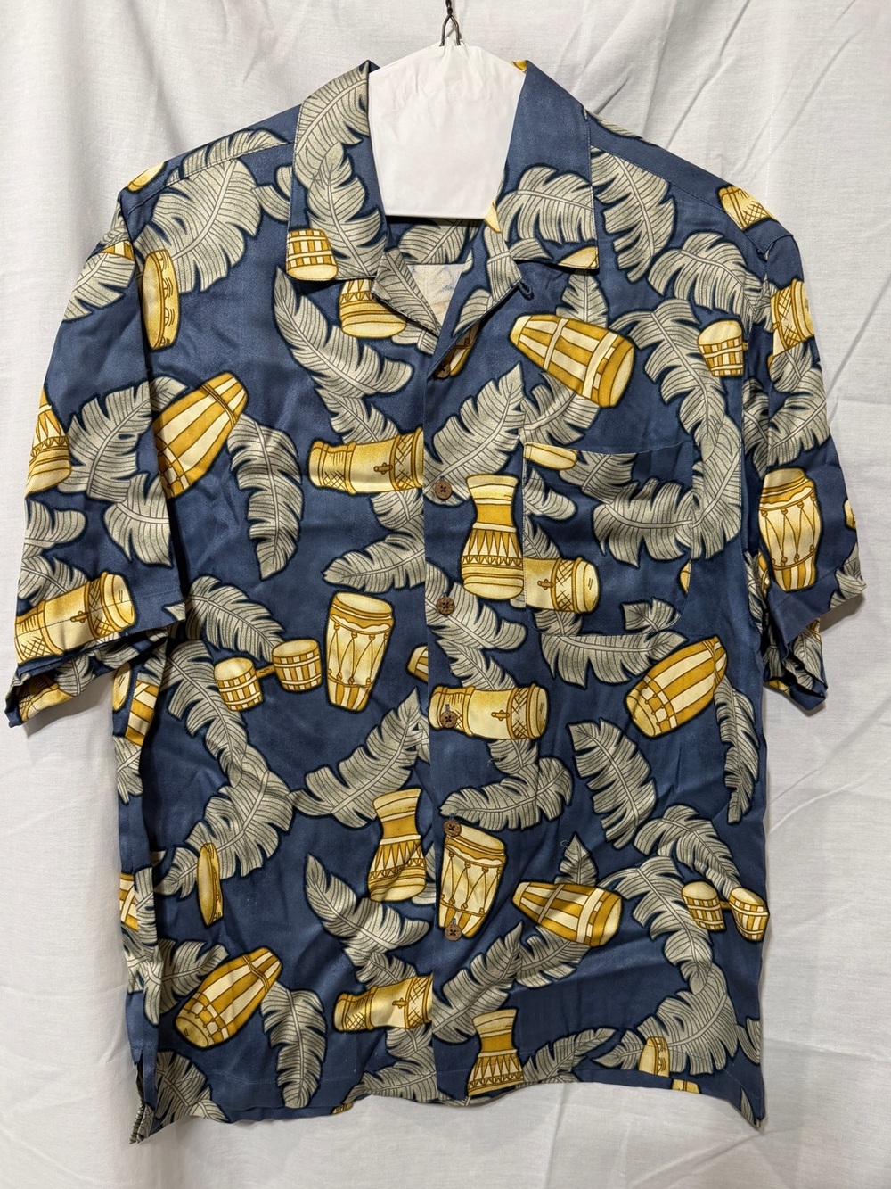 Tommy Bahama Navy Blue Short-Sleeve Tropical Print Shirt with Yellow Drum Motifs